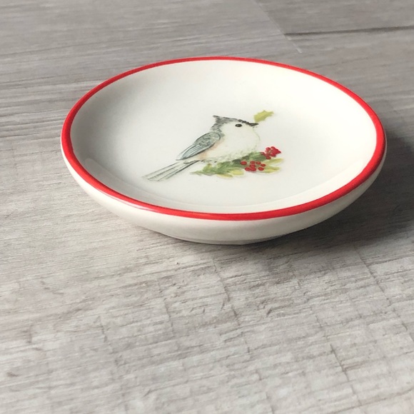 3” Round Ceramic Dish w Bird & Red Rim - Picture 6 of 6